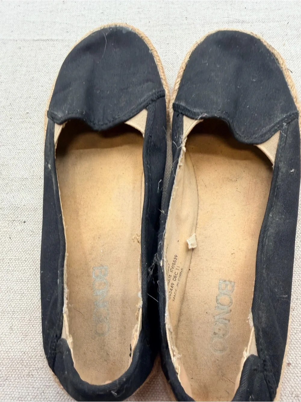 Bongo Black Canvas Espadrille Slip-On Flats with Jute Trim